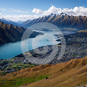 Panoramic view from Roy\'s Peak, Wanaka, South Island, New Zealand made with Generative AI