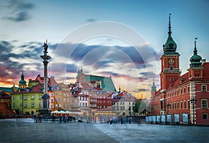 Panoramic view on Royal Castle, ancient townhouses and Sigismund`s Column in Old town in Warsaw, Poland.