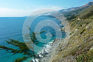 Panoramic view of the rugged coastline of Big Sur with Santa Lucia Mountains along famous Highway 1, Monterey county, California,