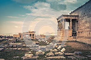 Panoramic view of ruins on the Acropolis of Athens, Greece