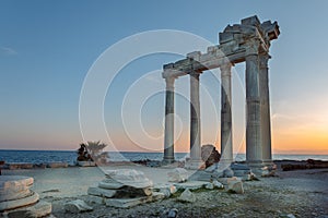 Panoramic view of ruins of ancient Temple of Apollo in Side at dawn, Alanya province, Turkey. Ruined old city. Unesco