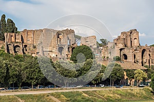 Panoramic view of ruins of Circus Maximus in city of Rome, Italy