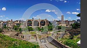 Panoramic view of the ruins of the forum of the time of the Roman Empire, with tourists visiting it