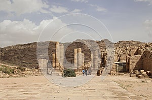 Panoramic view Ruins of Great Temple Gates in the ancient Arab Nabataean Kingdom city of Petra. Jordan