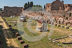 Panoramic view of ruins in Palatine Hill in city of Rome, Italy