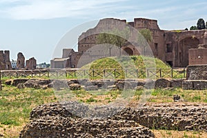 Panoramic view of ruins in Palatine Hill in city of Rome, Italy