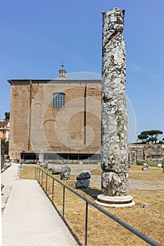 Panoramic view of Ruins of Roman Forum and Capitoline Hill in city of Rome, Italy