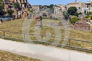 Panoramic view of Ruins of Roman Forum and Capitoline Hill in city of Rome, Italy