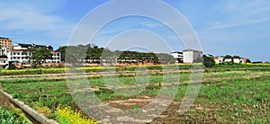 Panoramic view of rural and architectural scenery of riverside plain in spring