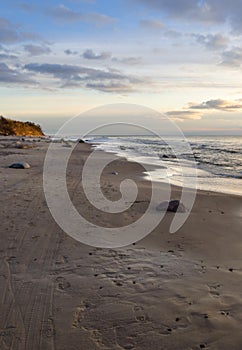 Panoramic view Rushing wave on a sunny day on the sandy beach of the Baltic Sea in Palanga, Lithuania