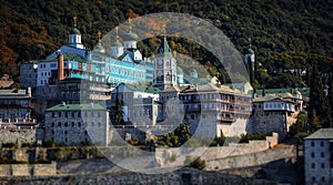 Panoramic view of Russian St. Panteleimon`s Orthodox monastery at Mount Athos, Halkidiki, Greece