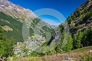 Panoramic view of Saas-Grund holiday village, Valais, Switzerland, in summer