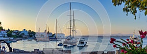 Panoramic view of sailboats at the old port of Spetses,. Greece.