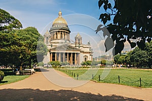 Panoramic view on Saint Isaac's Cathedral. Isaakievskiy Sobor with green lawn in summer, St. Petersburg, Russia.