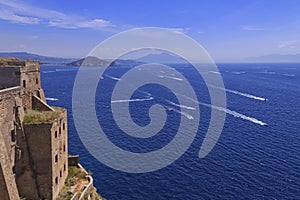 Panoramic view from Saint Michael`s Abbey in Procida Island: in the background the Bay of Naples, Italy.