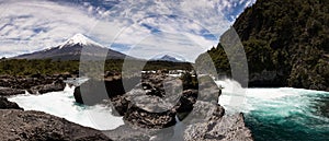 Panoramic view of Saltos del Petrohue waterfalls and Osorno Volcano in Vicente Perez Rosales National Park, Chile