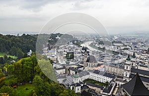 Panoramic view of Salzburg with Salzach river and Mirabell Garden from Festung Hohensalzburg