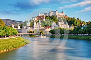 Panoramic view of Salzburg skyline with Festung Hohensalzburg an