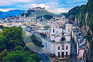 Panoramic view of Salzburg skyline with Fortress Hohensalzburg and river Salzach, Salzburger Land, Austria. Salzburg skyline with