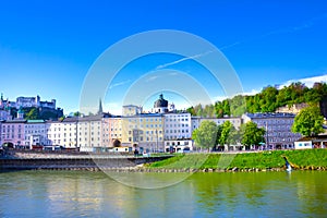 Panoramic view of Salzburg skyline with river Salzach, Salzburger Land, Austria