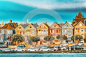 Panoramic view of the San Francisco Painted ladies Victorian Houses