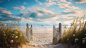 Panoramic view of sand dunes and wooden fence on the beach. AI Generative