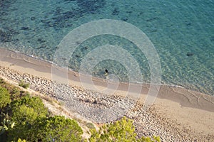 Panoramic view of sandy beach, cliffs, sea and blue sky.