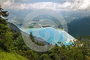 Panoramic view of Santa Croce lake and Alpago municipality in the Province of Belluno, Italy