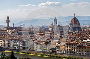 Panoramic view of Santa Maria dei Fiori Church,the Dome and Palazzo Vecchio from piazzale Michelangelo in Florence, Tuscany, Italy