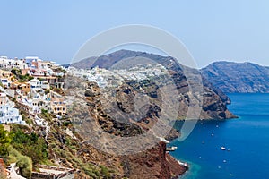 Panoramic view of the Santorini caldera, Oia village, the mountains and the sea