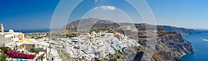 Panoramic view of Santorini island village and Thira town