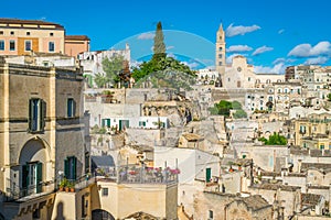Panoramic view of the `Sassi district` in Matera from Belvedere Luigi Guerricchio. Basilicata, southern Italy.