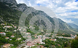 Panoramic view, Scene with Kruja old building village, Bazaar street,fort, Tirana in Albania, near Ishem River,Inhabited by the Il