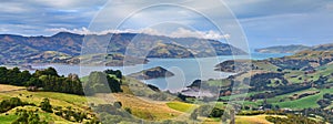 Panoramic view of scenic Banks Peninsula, famous for its bays, in Canterbury