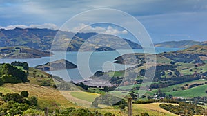 Panoramic view of scenic Banks Peninsula, famous for its bays, in Canterbury