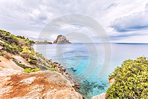 Panoramic view of scenic Ibiza island coastline and Es Vedra