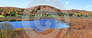 Panoramic view of scenic lake with fall foliage in Quebec countryside