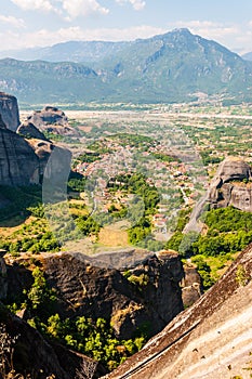 Panoramic view of scenic Meteora rock formations landscape and valley where located Kalabaka town