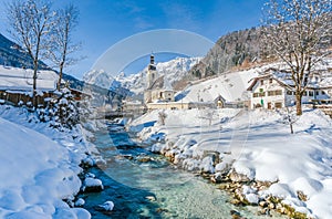 Panoramic view of scenic winter landscape in the Bavarian Alps
