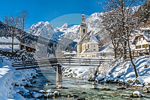 Panoramic view of scenic winter landscape in the Bavarian Alps w