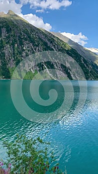 Panoramic view of Schlegeisspeicher lake in the Austrian valley of Ziller