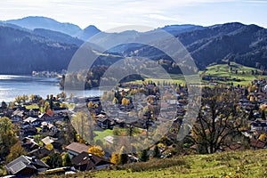Panoramic view of Schliersee lake during Autumn with Alps as a background