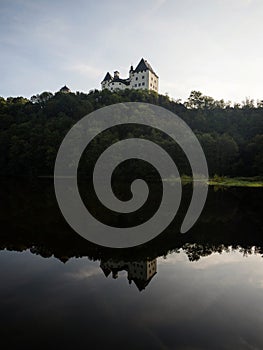 Panoramic view of Schloss Burgk castle and river Saale Thuringian Highlands Slate Mountains Saale Orla Kreis Thuringia