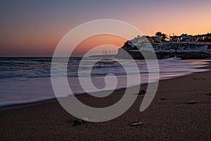 Panoramic view of the sea against the clear sky at sunset, Garraf beach in the region of Catalonia, Spain
