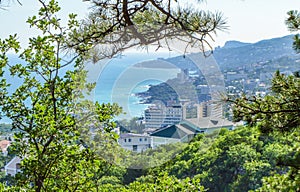 Panoramic view of the sea coast with hotels and buildings, top view, southern coast of Crimea