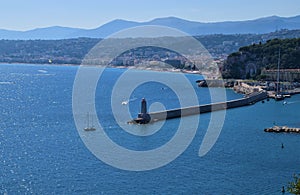 Panoramic view of sea, coast, lighthouse and Port of Nice, France
