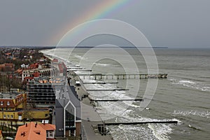 Panoramic view of the sea embankment, the Baltic sea and rainbow in Zelenogradsk