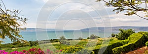 Panoramic view of the sea of Galilee from the Mount of Beatitudes, Israel