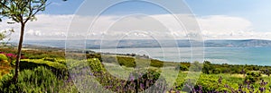 Panoramic view of the sea of Galilee from the Mount of Beatitudes, Israel