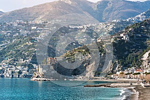 Panoramic view of the sea and mountains of Maiori, Amalfi Coast, Italy